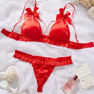 Sexy Red 2 Piece Bow & Pearls Lingerie Set